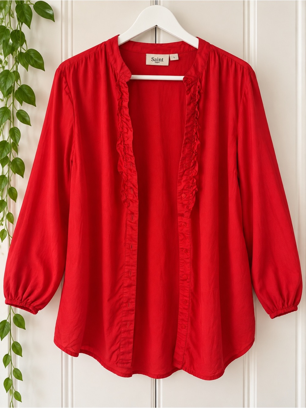 Red Ruffle-Trim Button Front Blouse